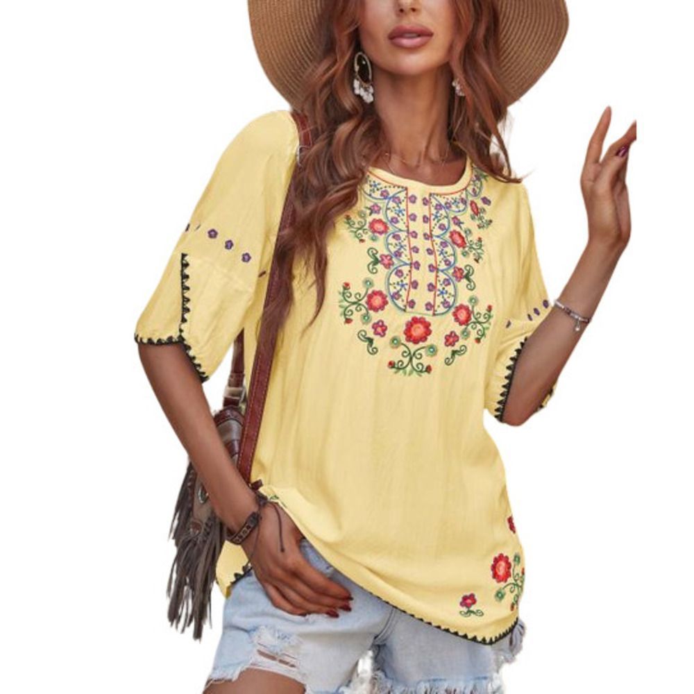 E-RÃ©tro Yellow Floral Embroidered Half Sleeve Tunic One-Size